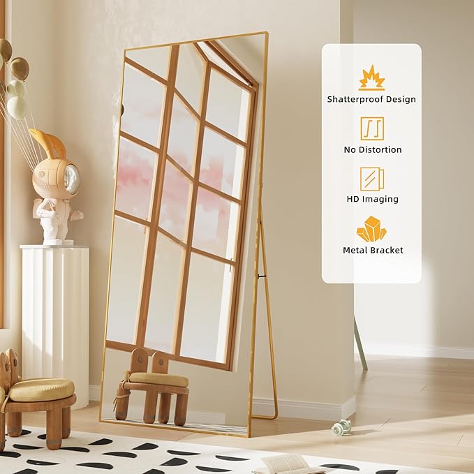 FANYUSHOW Full Length Mirror, Standing Hanging or Leaning Body Mirror, Simple Rectangle Design, Aluminum Alloy Thin Frame, Floor Mirror for Bedrooms, Bathrooms, Living Room 63"x18" (Gold)