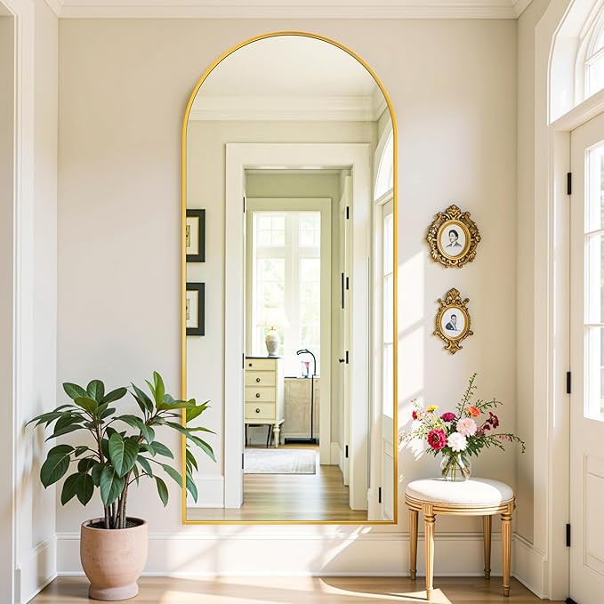 Full Length Mirror, 71"x28" Oversized Floor Mirror Freestanding, Full Body Mirror Floor Standing Mirrors with Stand, Hanging Mounted Mirrors for Bedroom Living Room, Gold, Arched Style