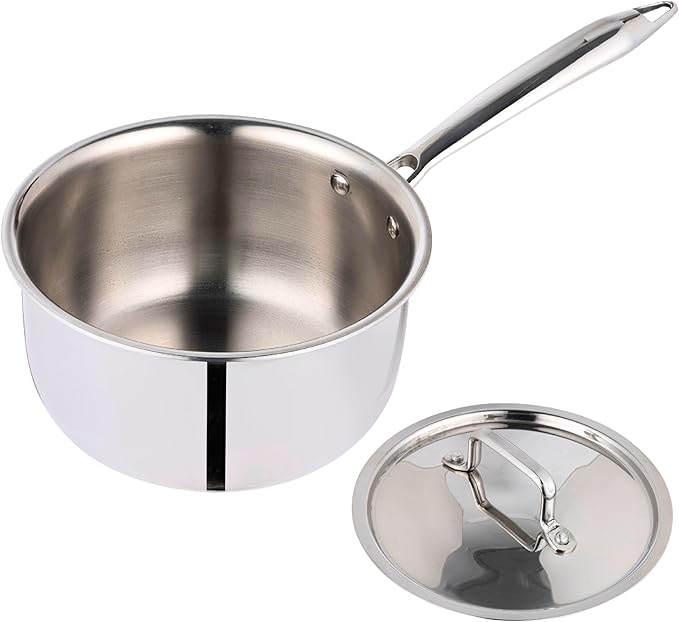 Stainless Steel Saucepan with Lid, 2.5 Quarts Saucier, Induction Cooking Sauce Pot Pans, Heavy Duty Tri-Ply Cookware, All Cooktops Compatible, Oven & Dishwasher Safe