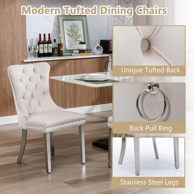 Goujxcy Modern 7 Piece Glass Dining Table Set Luxury Glass Kitchen Table and Chair Set for 6, 70" Large Rectangular Dining Room Table with 6 Tufted Chairs and Stainless Steel Legs (Silver & Beige)