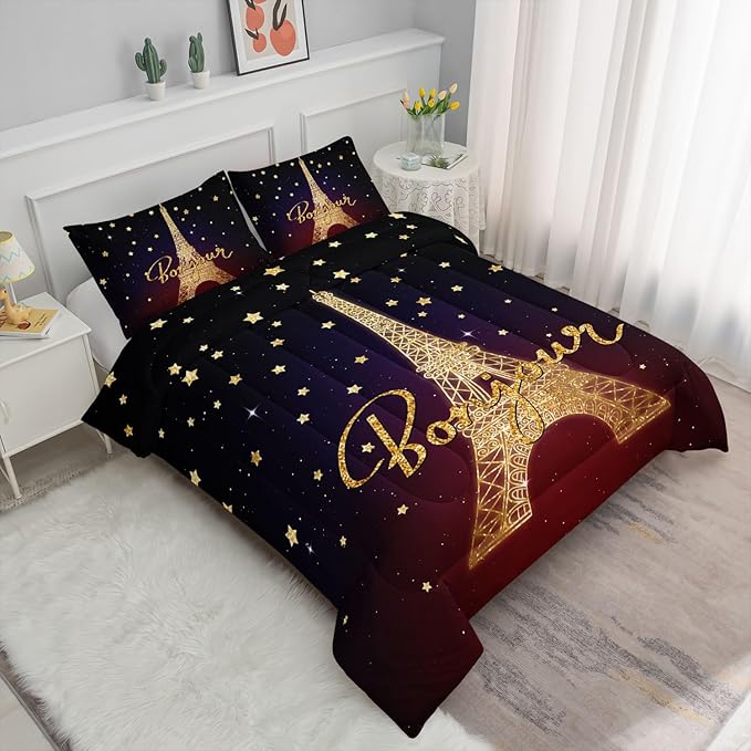 Kids Comforter Set Eiffel Tower Printed Pattern Bedding Set with 1 Comforter and 2 Pillowcases for Girls Boys Bedroom All Season(Tower Queen)
