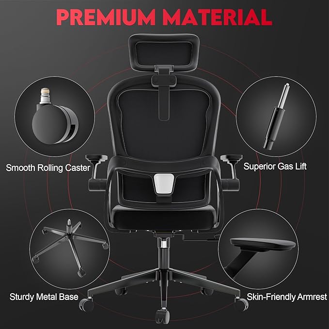 Big and Tall Ergonomic Office Chair - 400LB Comfy Desk Chairs with Headrest and Lumbar Back Support, Heavy Duty Mesh Computer Chair with Wheels and Arms for Home Office, Bedroom, Study Room