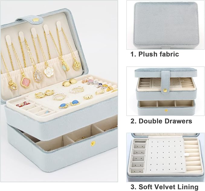 KOOAAICCHI Small Jewelry Box, Travel Jewelry Organizer, Portable Jewelry boxes for Women Girls Gift, Double Layers PU Leather Jewelry Holder for Rings, Earrings, Necklaces-Velvet Blue