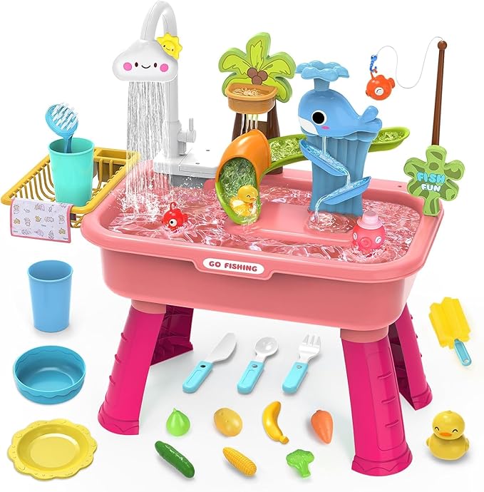 2026 Upgraded Water Table for Toddlers 1-3, Water Table with Pump,Toy Kitchen Sets for Kids Ages 4-8, with Detachable Legs, Play Sink with Electric Faucet, Includes Play Vegetables and Fishing Game
