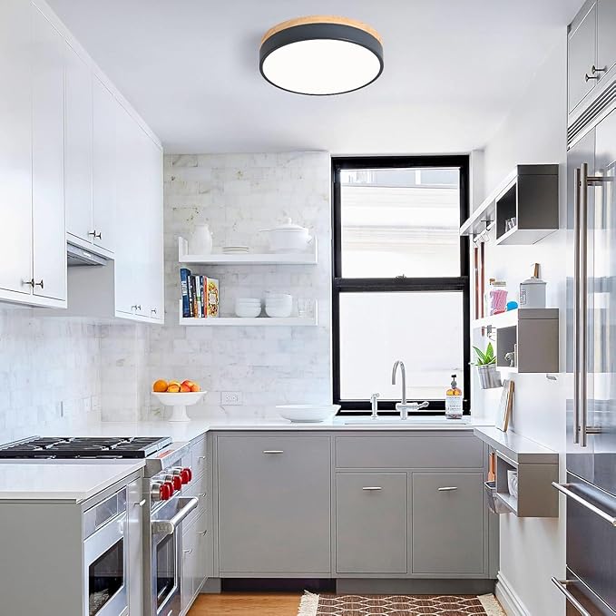 Dimmable Wood LED Ceiling Lights, Modern 2700K-6000K 5CCT Round Grey Flush Mount Lighting Fixture, Minimalist Ceiling Lamp for Bedroom, Kitchen, Hallway, Laundry Room-11.8in