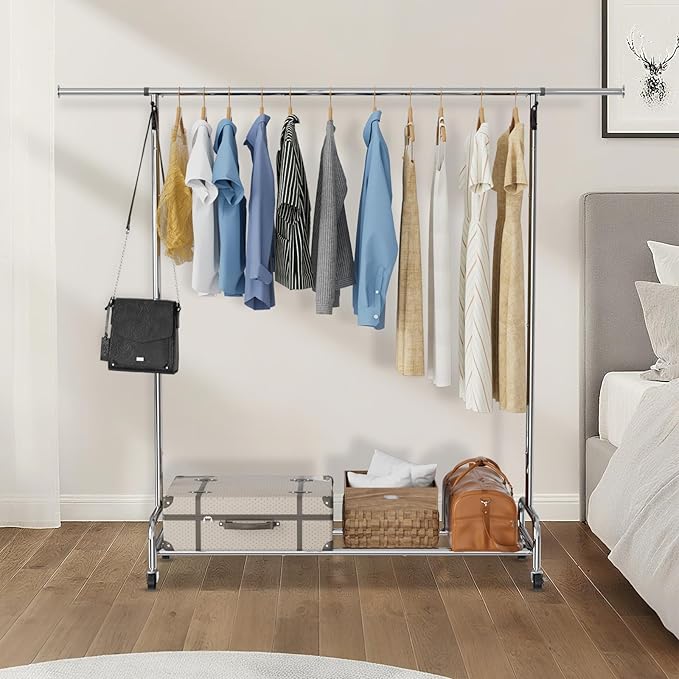 Standard Clothing Garment Rack with Wheels, 47.05" to 65.94" Adjustable Chrome Clothes Rack for Hanging Clothes, Portable Rolling Clothing Rack with Lockable Casters for Bedroom, Laundry Room