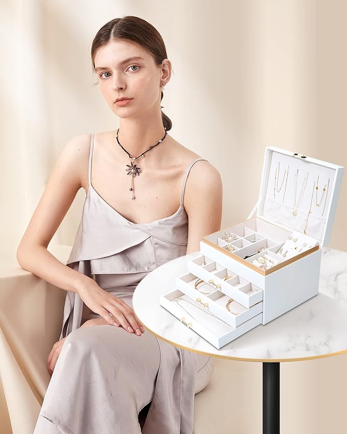 Jewelry Box for Women,4-Layer Leather Jewelry Holder Organizer with 3 Drawers Large Jewelry Storage Boxes, Lots of Storage Space For Ring,Necklace,Bracelets,Earring（White）