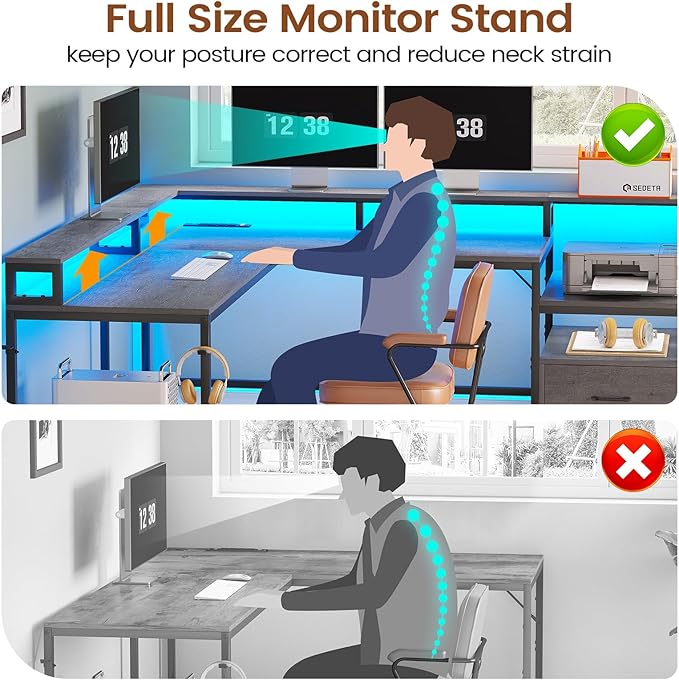 SEDETA L Shaped Office Desk, 66" Home Office Desk with File Drawer & Power Outlet, Gaming Desk with Led Lights, Corner Computer Desk with Monitor Shelf, Printer Storage Shelves, Two Person Desk, Grey