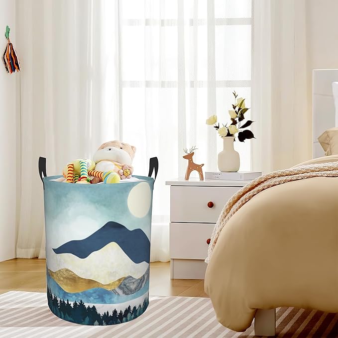 Mountains Moon Nature Scenery Laundry Basket,Waterproof Foldable Laundry Hamper,Dirty Clothes Laundry Basket, Linen Bin Storage Organizer for Toy Collection 16" x 20"
