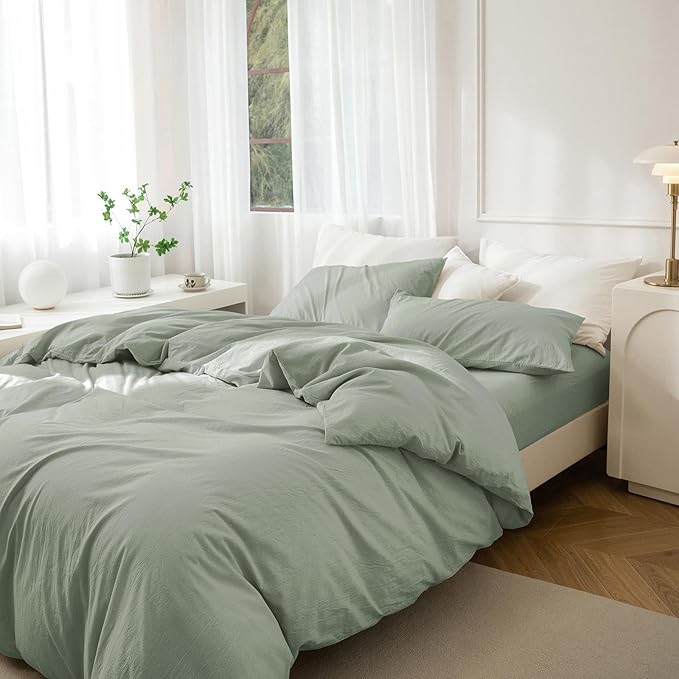 JIYUAN 100% Washed Cotton Duvet Cover Set 3 Pieces Super King, 1 Duvet Cover 108x98 Inches(Comforter Not Included) and 2 Pillowcases,Linen Feel Bedding Set Comfy and Breathable, Heathered Sage Green