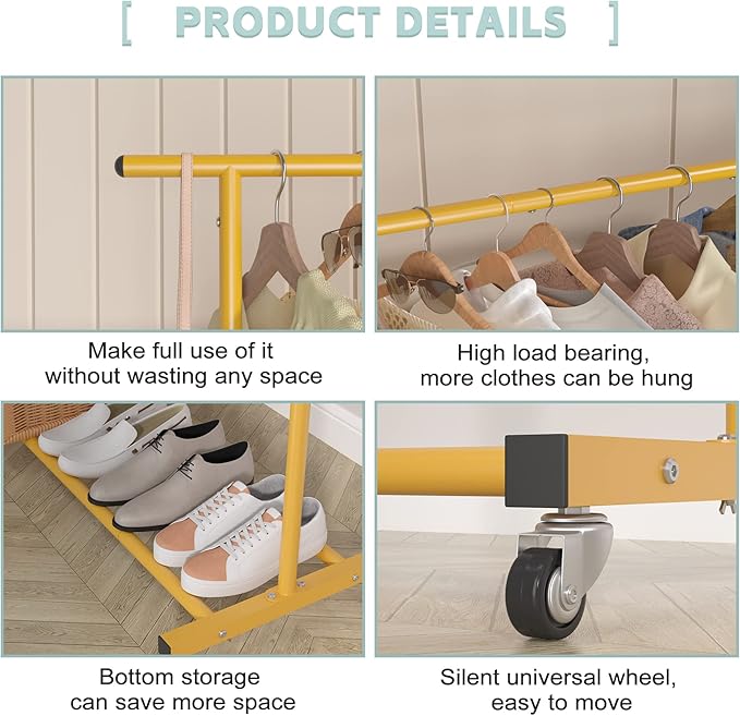 Sywhitta Double Rod Clothing Garment Rack, Rolling Clothes Organizer on Wheels for Hanging Clothes, Easy to Assemble, Adjustable, Gold