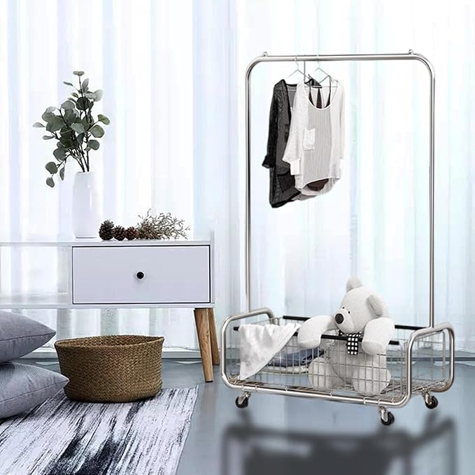 Garment Rack With Storage Baskets,Clothing Rack for Hanging Clothes, Multi-functional Bedroom Clothes Rack with Wheels for Bedroom, Living Room, Easy Assembly (24inch length)