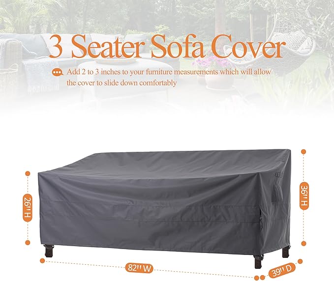 WJ-X3 Ripstop 3-Seater Outdoor Couch Cover, Heavy Duty Patio Sofa Cover,Waterproof & Wind Resistant,82W x 39D x 36H, Gray