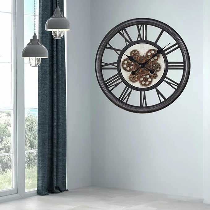 20 Inch Retro Black Wall Clock, Silent Non-Ticking Battery Operated Round Vintage Clock with Moving Gears,Decorative Living Room, Kitchen, Bedroom Decor