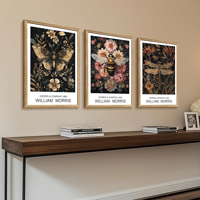 Cyebmo William Morris Wall Art, Vintage Floral Wall Decor, Dark Botanical Art Prints, Butterfly Bee Dragonfly Nature Artwork for Living Room Bedroom Bathroom Wood Framed Ready to Hang 16"x24"x3