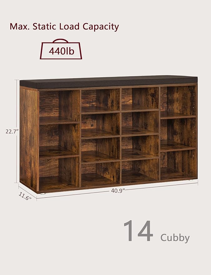 DINZI LVJ Shoe Storage Bench with Cushion, 14-Cubby Shoe Rack, Adjustable Shelves, Multifunctional Shoe Organizer Bench for Entryway, Mudroom, Hallway, Living Room, Bedroom and Garage, Rustic Brown