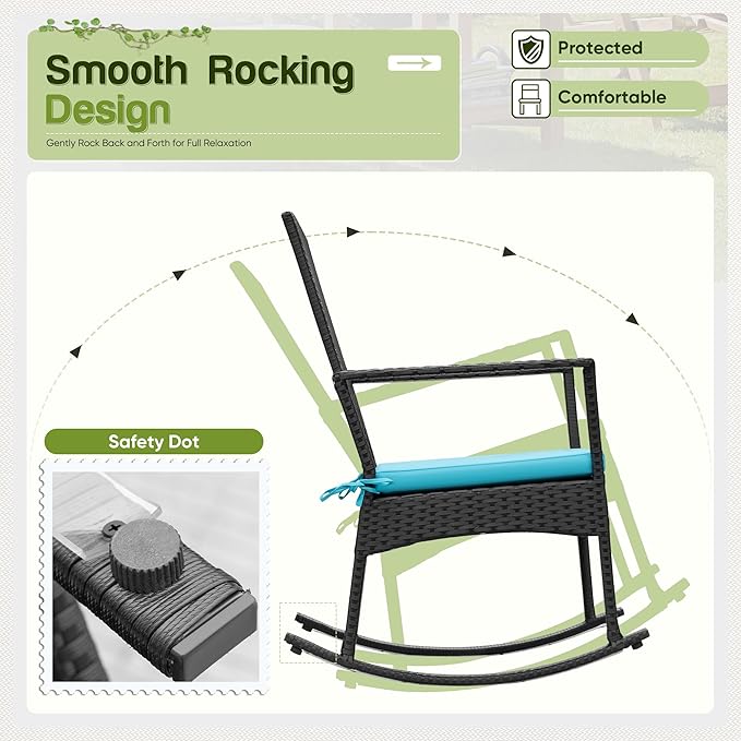 Flamaker Rocking Chair Outdoor PE Rattan Patio Chairs with Glass Table High Back Porch Rocker for Balcony, Garden, Backyard (Blue)