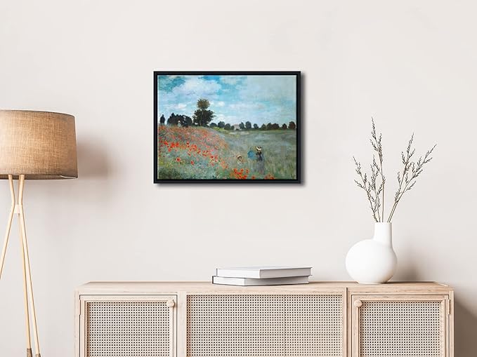 Wieco Art Framed Wall Art The Poppy Field Near Argenteuil Canvas Prints of Claude Monet Floral Oil Paintings Classic Flowers Landscape Pictures Artwork for Bedroom Home Decorations