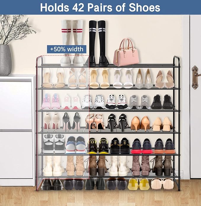 KEETDY Large Shoe Rack 6 Tier Organizer Tall Metal Shoe Organizer for Entryway Bedroom Floor Garage, Wide Shoe Shelf Storage Fits 42 Pairs Men Sneakers, Black