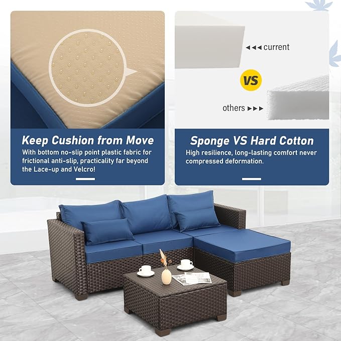 Wicker Patio Furniture Patio Couch 3 Pieces Patio Furniture Set Outdoor Sectional with Ottoman and Outdoor Storage Table with Lining Weathering Non-slip Cushions Waterproof Covers, Navy Blue