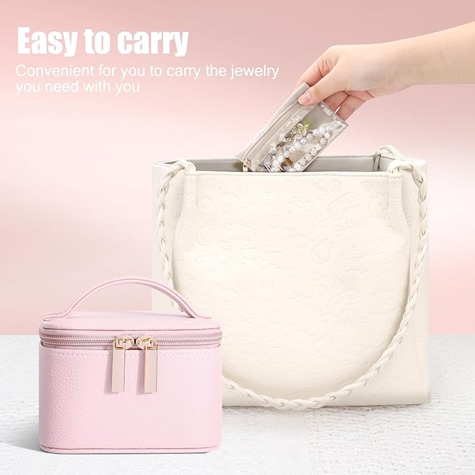 DesignSter Small Jewelry Box, Travel Small Jewelry Organizer with Earring Tray and Ring Holder,Square Travel Jewelry Storage Case with 6 Velvet Jewelry Pouches, Pink