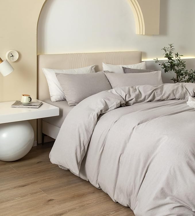 JIYUAN 100% Washed Cotton Duvet Cover Set 3 PCS Oversized King, 1 Duvet Cover 120"x98" (Comforter Not Included) and 2 Pillowcases,Linen Feel Bedding Set Comfy and Breathable, Heathered Cream Grey
