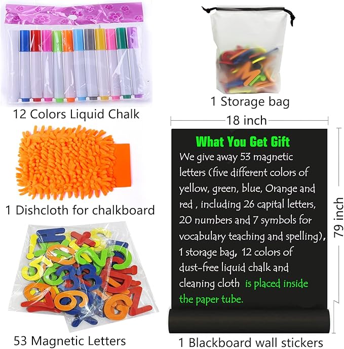 Magnetic Chalkboard Contact Paper 79"x18" Self Adhesive Magnetic Wall Board Sticker with 12 Liquid Chalk and 53 Magnet Letters for Kids, Black Chalk Board Wallpaper Roll Magnet Paint