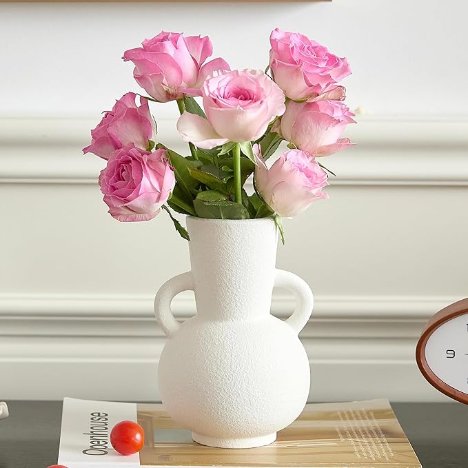 7 Inch White Ceramic Vase with 2 Handles, Modern Flower Vase Decorative Vases for Bouquet, Unique Vases for Home Decor Farmhouse Living Room Table Centerpieces Wedding Decorations