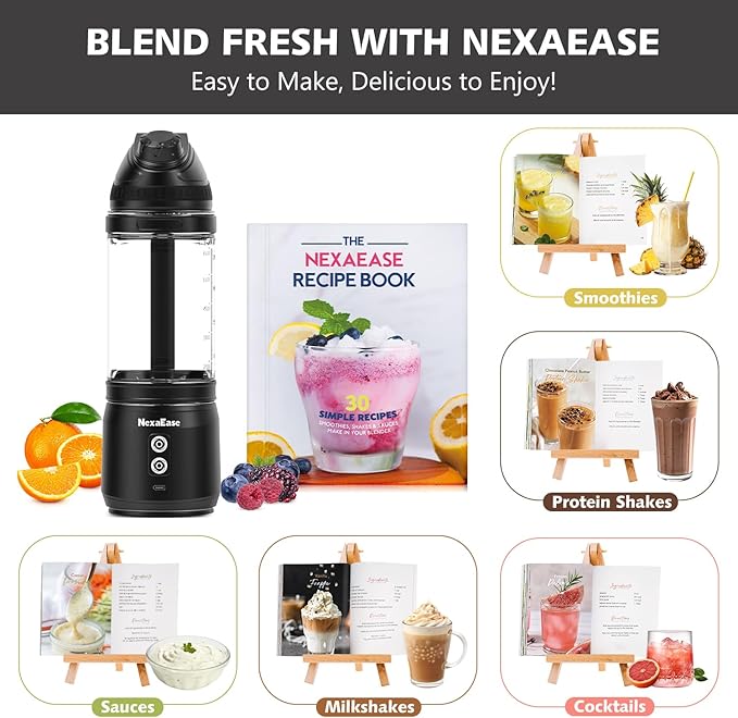 Portable Blender with Insulated Carrying Case & Recipe Book for Shakes and Smoothies, 24 OZ Personal Juicer Electric Protein Shaker Bottle, Mini Small Blender Cup with USB-C Rechargeable, Travel Lid