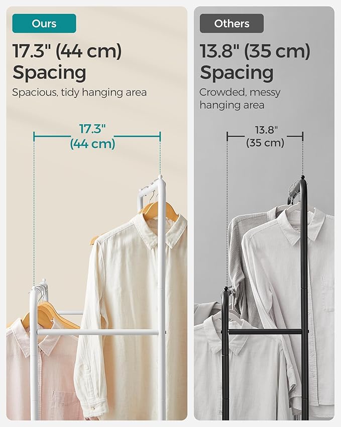 SONGMICS Double Rods Clothes Rack with Wheels, Clothing Rack for Hanging Clothes, Heavy Duty Garment Rack with Mesh Storage Shelf, 2 Brakes, Each Top Rail Holds up to 77 lb, White UHSR026W01
