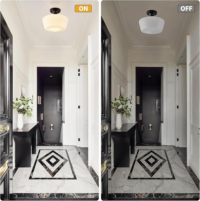 Black Schoolhouse Light Fixture, 12" Milk Glass Flush Mount Ceiling Light, Black Semi Flush Mount Ceiling Light for Farmhouse Kitchen Hallway Entryway