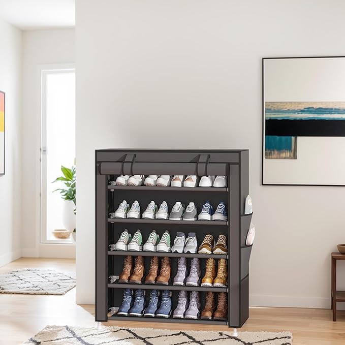 Laiensia 5-Tier Vertical Shoe Rack Organizer, Space Saving Shoe Storage Organizer, Non-Woven Cover Shoe Shelf Holds 20-25 Pairs for Bedroom, Hallway, Closet Entryway, Grey