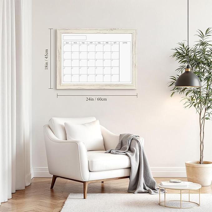 4 THOUGHT Whiteboard Calendar 24" x 18" Magnetic Dry Erase Board Wood Frame Wall-Mounted Monthly Planner White Board Decorative Notice Board for Office School Home, White Vintage