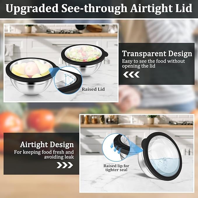 P&P CHEF Mixing Bowl with Visible Airtight Lid Set of 5, 10-Piece Stainless Steel Nesting Salad Bowl Set for Prepping, Mixing and Serving, Size 4.6, 3, 1.5, 1, 0.7 QT, Rimmed Edges & Flat Base, Black