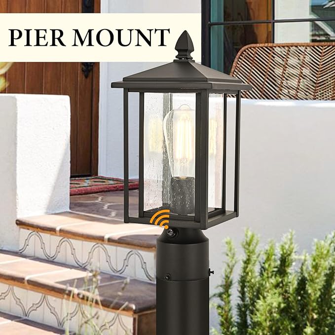 Outdoor Dusk to Dawn Post Light Fixture with Glass, Aluminum Light Post Lamps for Patio, Yard, Garden, Porch