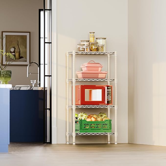 IZEUK 4 Tier Steel Storage Shelves, Heavy Duty Metal Shelf Wire Shelving Rack for Pantry, Kitchen, Living Room, or Bathroom Organization (11.8" D x 23.6" W x 47.5" H, 1000LBS, Light Tan)