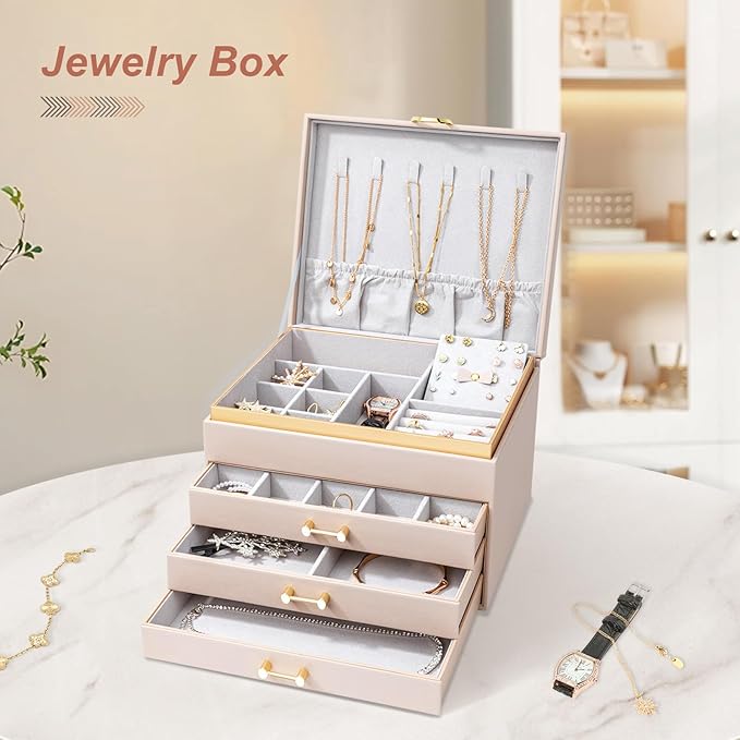 Jewelry Boxes for Women, Large Jewelry Storage Boxes, 4-Layer Leather Jewelry Organizer with 3 Drawers, Jewelry Display Case Gift for Women Girls, Apricot