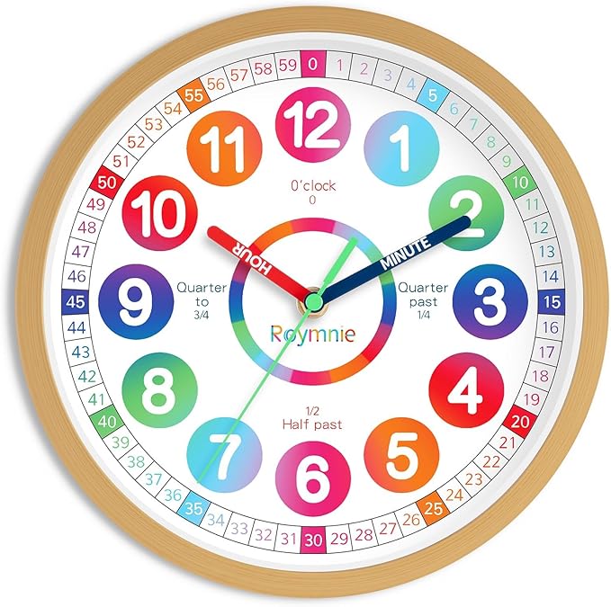 Learning Clock for Kids Telling Time Silent Non Ticking Battery Operated Colorful Teaching Time Clock Decorative for Kids Room Classroom School Playroom (10 Inch)