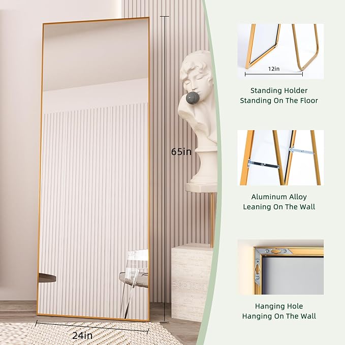 Beauty4U 65" x 24" Full Length Mirror with Stand, Gold Wall Mounting Full Body Mirror, Metal Frame Full-Length Tempered Mirror for Living Room, Bedroom