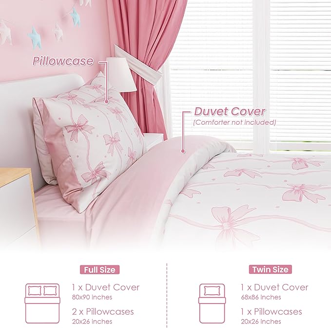 SANDJEST Bow Duvet Cover Sets Full Size for Kids Girls, Incude 1 Polyester Comforter Cover 80x90 Inches and 2 Pillowcases 20x26 Inches, Comforter Not Included, Gift for Christmas Birthday