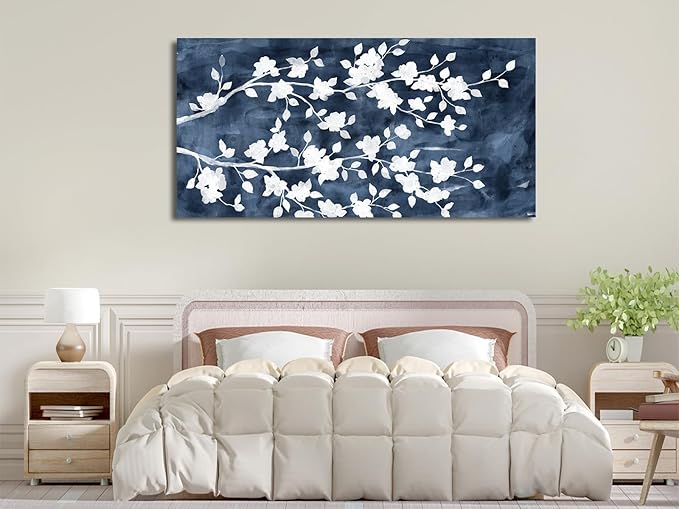 NINEASO Abstract Flowers Canvas Wall Art - Gray White Tree Floral Branches Pictures Wall Decor White Blossom Deep Indigo Blue Background Painting Artwork for Living Room Bedroom Home Decor 29" x 58"