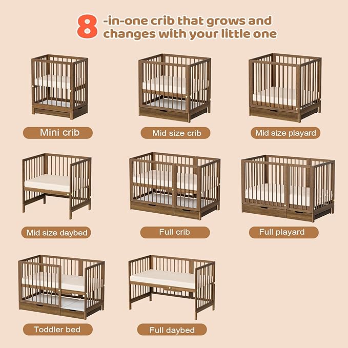 JOYMOR 8 in 1 Convertible Crib with Changer, Include 2” Mattress, Converts to Bassinet, Mid Crib, Full Size Crib, Daybed,Toddler Bed and Playard (Crib with Drawer, Honey Wood)