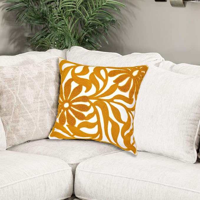 Alysheer Farmhouse Floral Leaves Embroidered Decorative Throw Pillow Cover 18x18 inches, Boho Tufted Flowers Embroidery Pattern Chic Cotton Cushion Case for Couch Bed Sofa Living Room(Mustard Yellow)