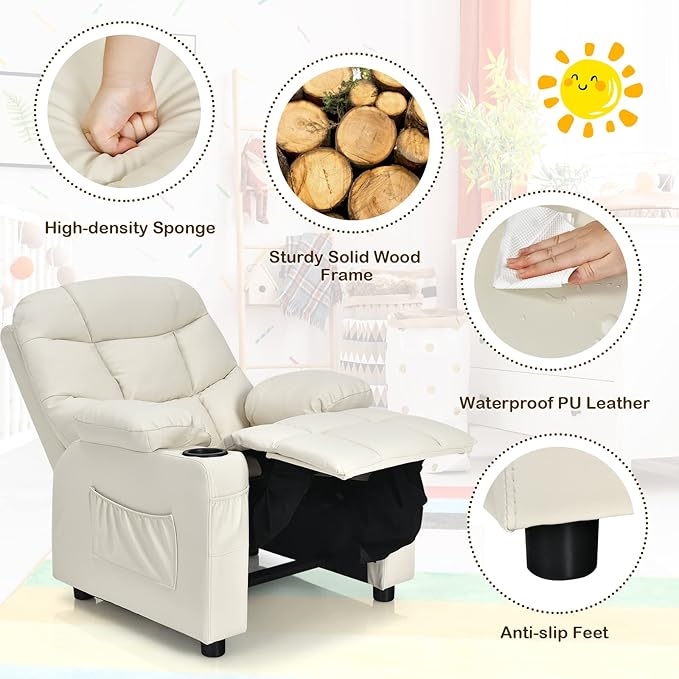 GLACER Kids Recliner Chair w/Cup Holder & Side Pockets, Children Recliner w/Comfortable Backrest, Armrests & Footrest, Toddler PU Leather Recliner for Boys Girls, 3+ Age Group (Beige)