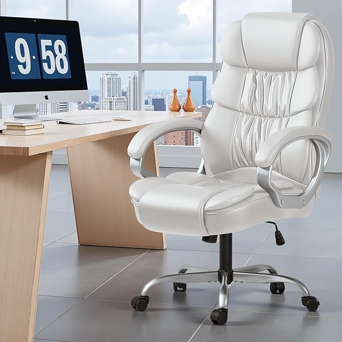Homall Office Chair High Back Computer Desk Chair, PU Leather Adjustable Height Modern Executive Swivel Task with Padded Armrests and Lumbar Support (White)