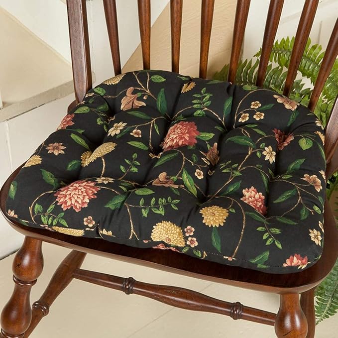Barnett Home Decor Nassau Black Floral Dining Chair Pad with Ties - Medium Size 18 Chair Cushion - Latex Foam Fill - Machine Washable, Reversible, 100% Cotton, Made in USA, Colonial Williamsburg