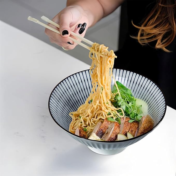 38 oz Japanese Ramen Bowl Set of 6 - Large 8 Inch Ceramic Soup Bowls, Blue and White Japanese Noodle Bowls for Pho, Ramen, and Salad - Striped Patterns