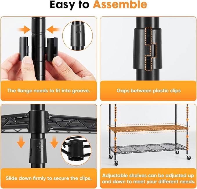 Sweetcrispy Rolling Clothes Rack, Heavy Duty Garment Racks 3 Tiers Portable Adjustable Wire Shelves with Wheels, Hanging Rods & Side Hooks Metal Freestanding Clothing Wardrobe Closet - Black