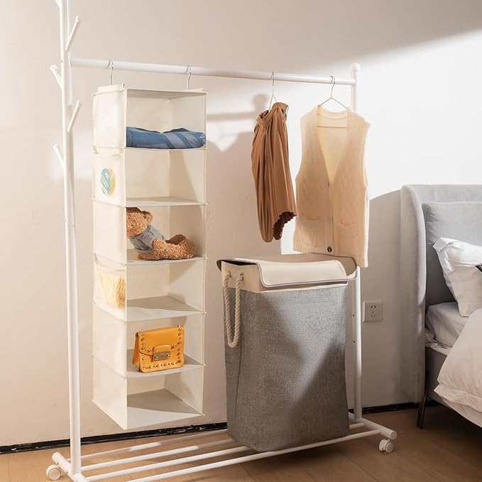 6 Shelves Hanging Closet Organizer, 2 Pack Hanging Storage with 4 Side Pockets for Clothes Shoes, 43.5"x12"x12"(Beige)