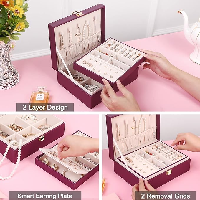 Voova Jewelry Box Organizer for Women Girls, 2 Layer Large Men Jewelry Storage Case, PU Leather Display Jewellery Holder with Removable Tray for Necklace Earrings Rings Bracelets, Vintage Gift, Purple